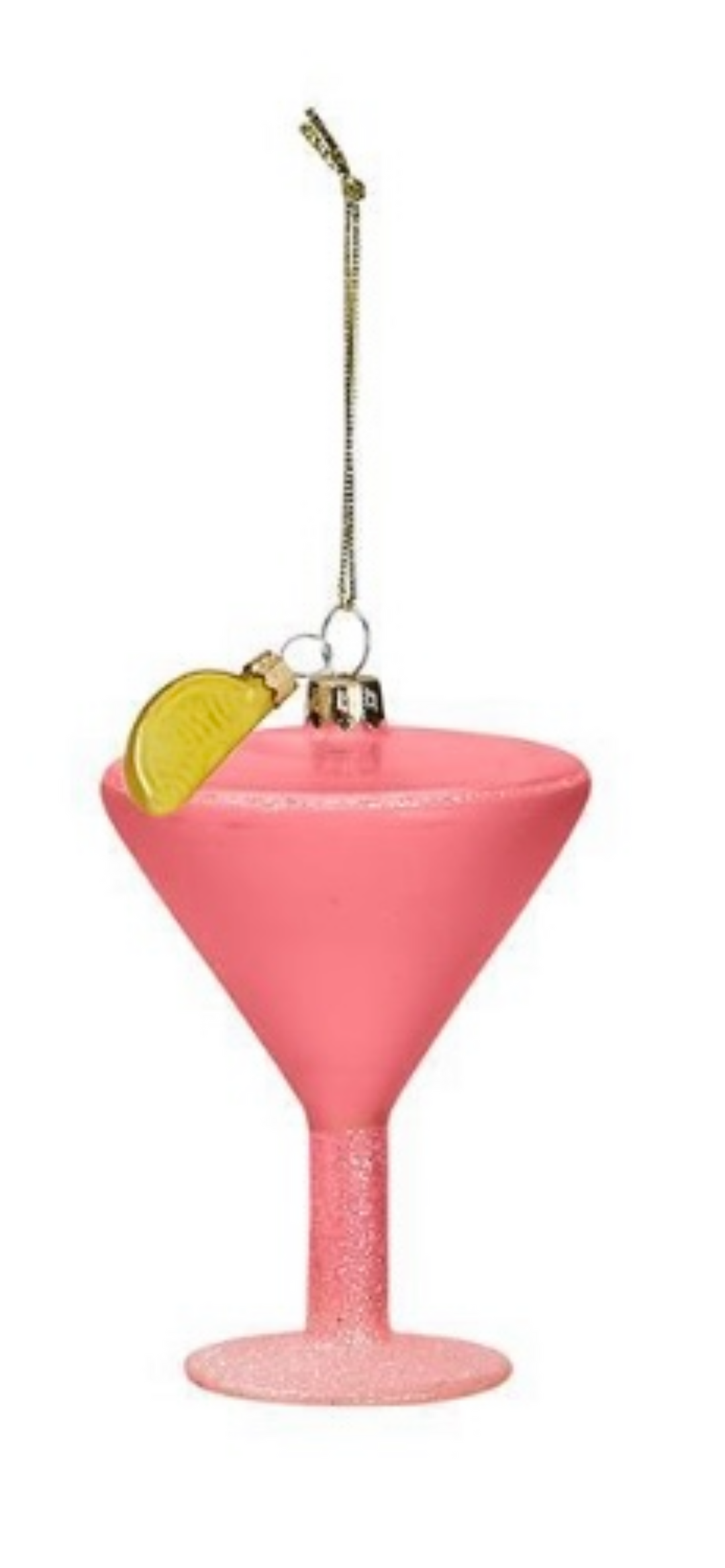 Cocktail Hour Ornament with pink martini glass and yellow lemon slice charm.