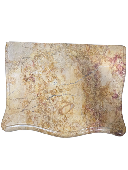 Rectangular beige and brown marble tray with curved edges, natural veining. Available in small, medium, and large sizes.