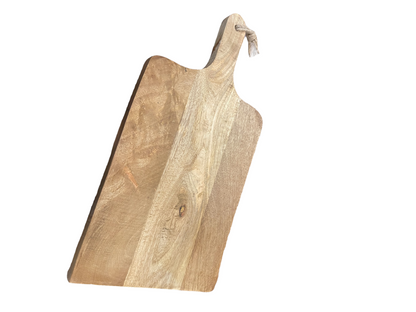 Rectangular wooden board with handle and looped rope, light brown grain. Available in small, medium, and large sizes.
