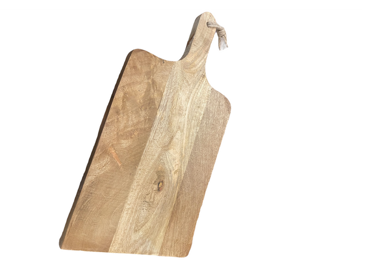 Rectangular wooden board with handle and looped rope, light brown grain. Available in small, medium, and large sizes.