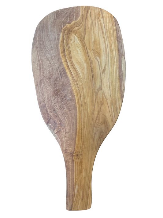 Wooden paddle-shaped serving tray with two-tone grain, smooth surface, short handle; available in multiple sizes.