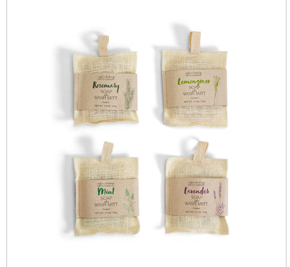Set of 4 jute exfoliant bath mitts in burlap pouches with herb labels and loops; sizes: one size fits most.