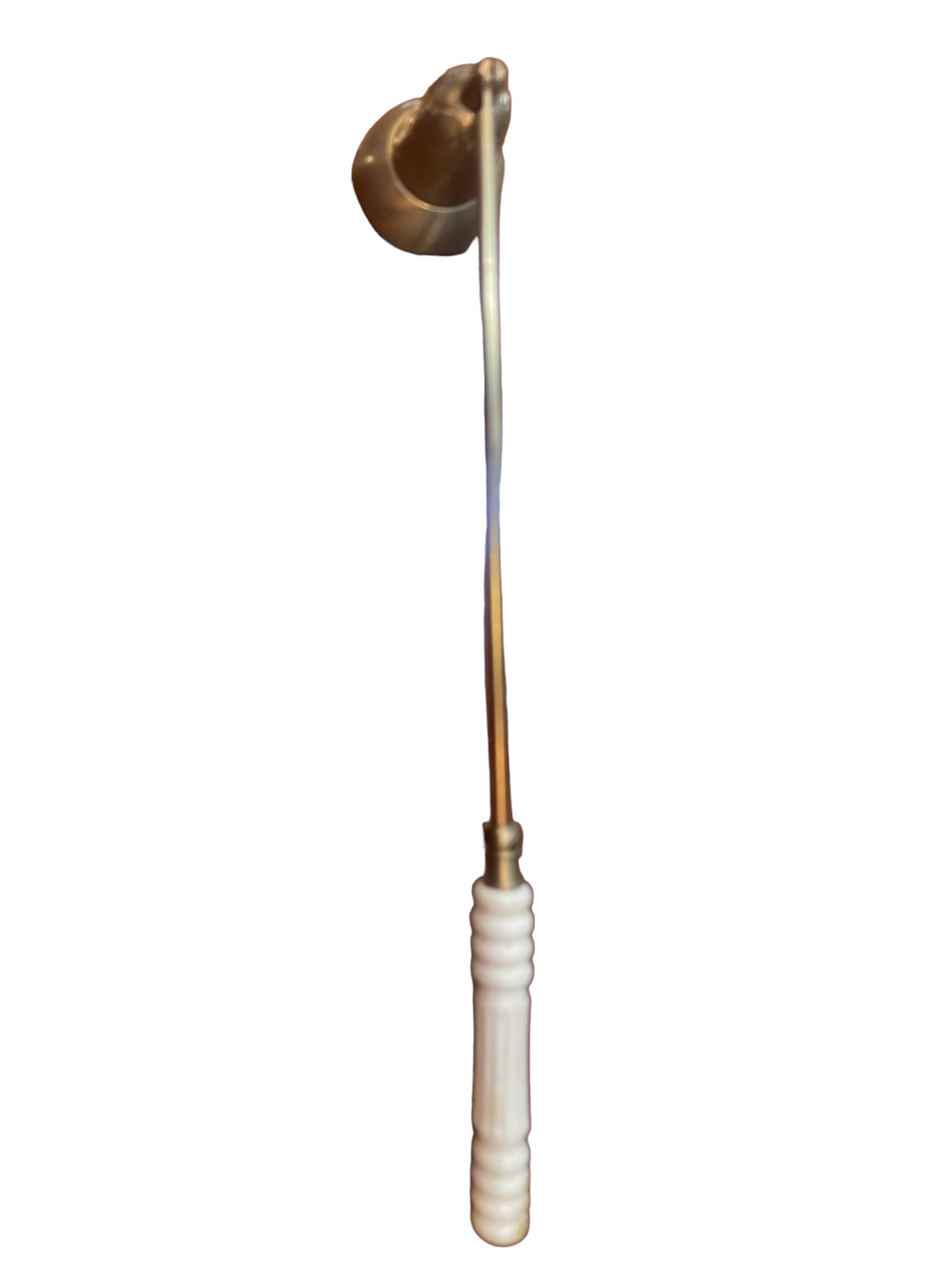 Brass candle snuffer with curved handle and white ribbed grip; available in multiple sizes.