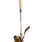 Brass candle snuffer with cream handle, long metal shaft, wide fan-shaped base, brown leather strap, and small tag. Sizes available.