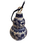Small double-gourd porcelain ornament, blue floral on white, gold ring and black ribbon; available in 2" and 3" sizes.
