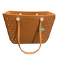 Tan rubber tote with two long handles, side holes, embossed logo, small green tag. Sizes available: S, M, L.