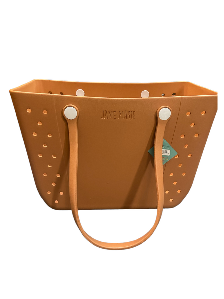 Tan rubber tote with two long handles, side holes, embossed logo, small green tag. Sizes available: S, M, L.