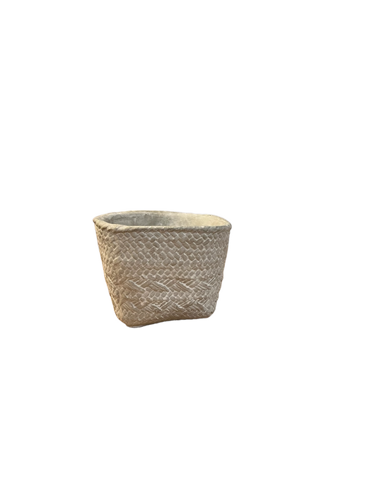 White Basket Pattern Planter, woven cachepot with slightly oval, textured design. Available in small, medium, and large sizes.