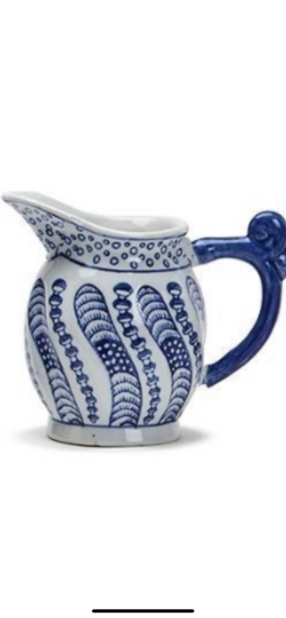 White porcelain Canton Small Pitchers with blue patterns and spiral handle. Available in multiple sizes.