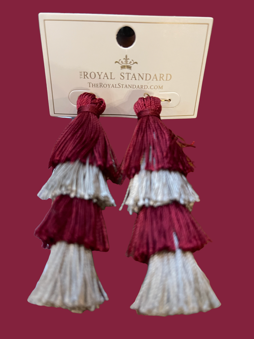 3-inch maroon and gray Spirit Tassel Earrings with three tiers. Available size: 3 inches.