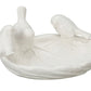 White ceramic leaf-shaped trinket dish with three bird figures on rim; available in small and large sizes.