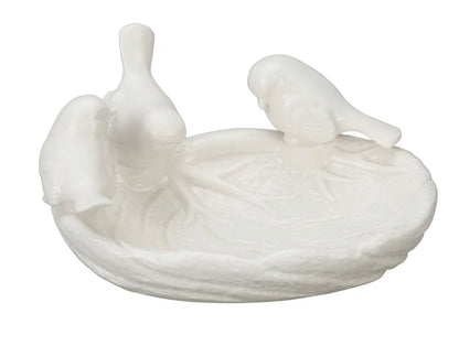 White ceramic leaf-shaped trinket dish with three bird figures on rim; available in small and large sizes.