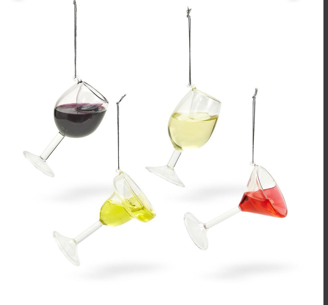 Four Happy Hour ornaments shaped like wine, margarita, and martini glasses with moving liquid.