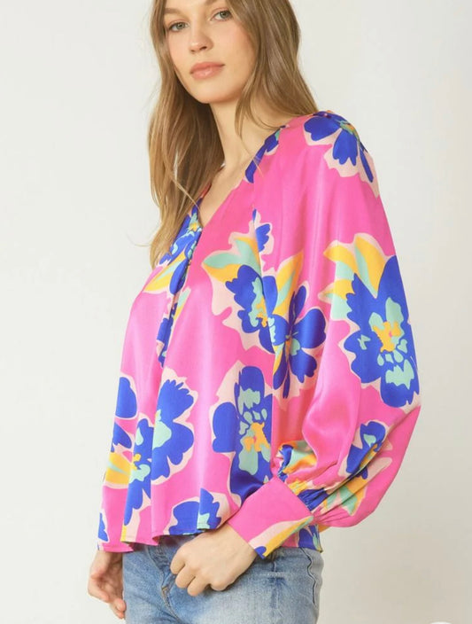Pink Flower Blouse: bright pink satin floral top, pleated neckline, long sleeves. Available in XS-XL.