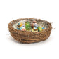Round, woven nest with six colorful, realistic bird figurines on straw-like material. Sizes available: small, medium, large.