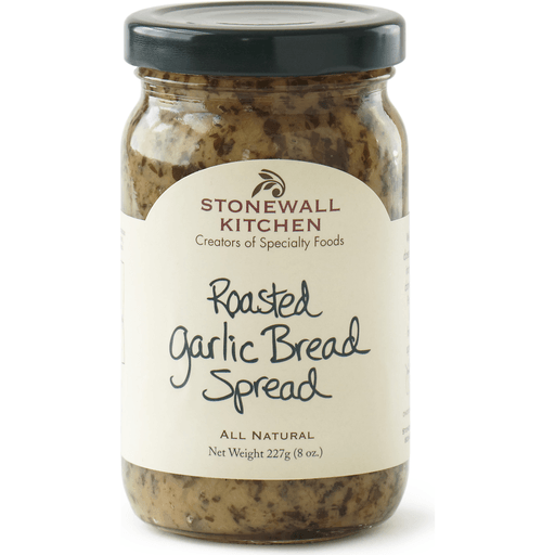 Roasted Garlic Bread Spread in 8oz jar with black lid, white label, creamy spread with herb flecks. Only available in 8oz.