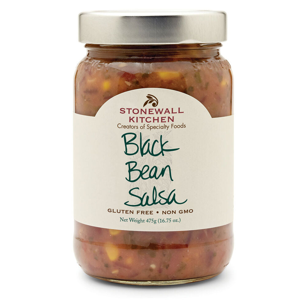 Black Bean Salsa jar with silver lid, white label; chunky beans and veggies visible. Available in 16oz and 24oz sizes.