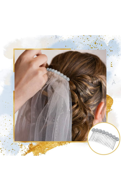 Crystal Hair Comb with floral silver detailing securing a white bridal veil. Available sizes: small, medium, large.