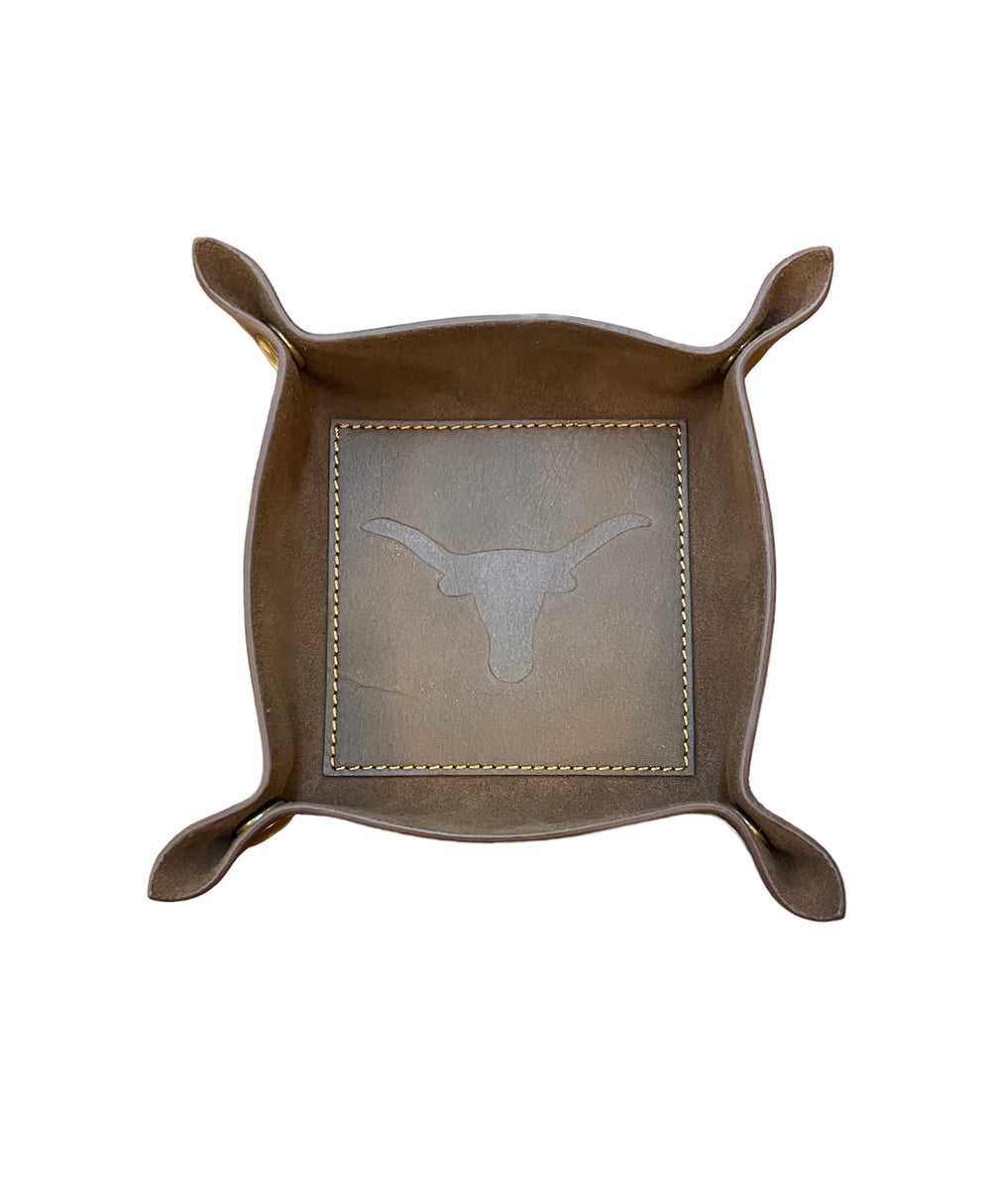 Square brown leather valet tray with raised corners, edge stitching, embossed longhorn. Available in small and large sizes.