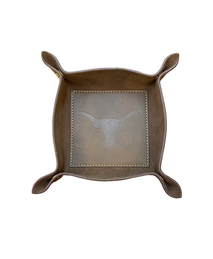 Square brown leather valet tray with raised corners, edge stitching, embossed longhorn. Available in small and large sizes.