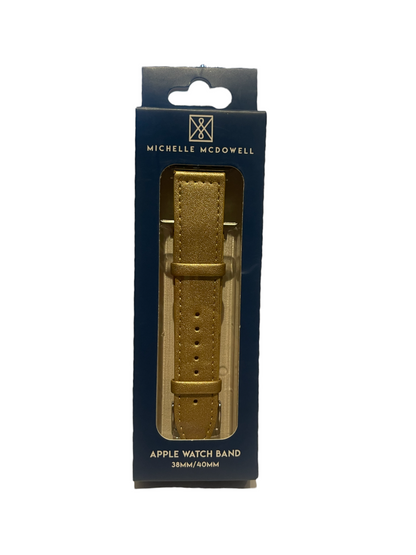 Tan Michelle McDowell Watch Band in packaging, available for 38mm/40mm Apple Watch sizes.