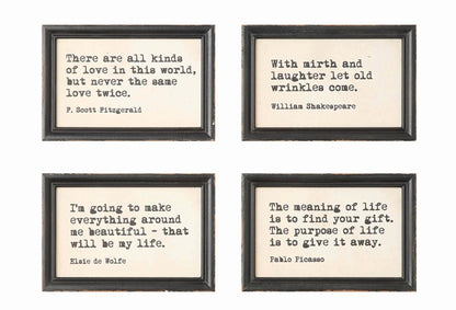 Wood Framed Wall Decor DA4347A with four quotes in black typewriter font on white; available in multiple sizes.
