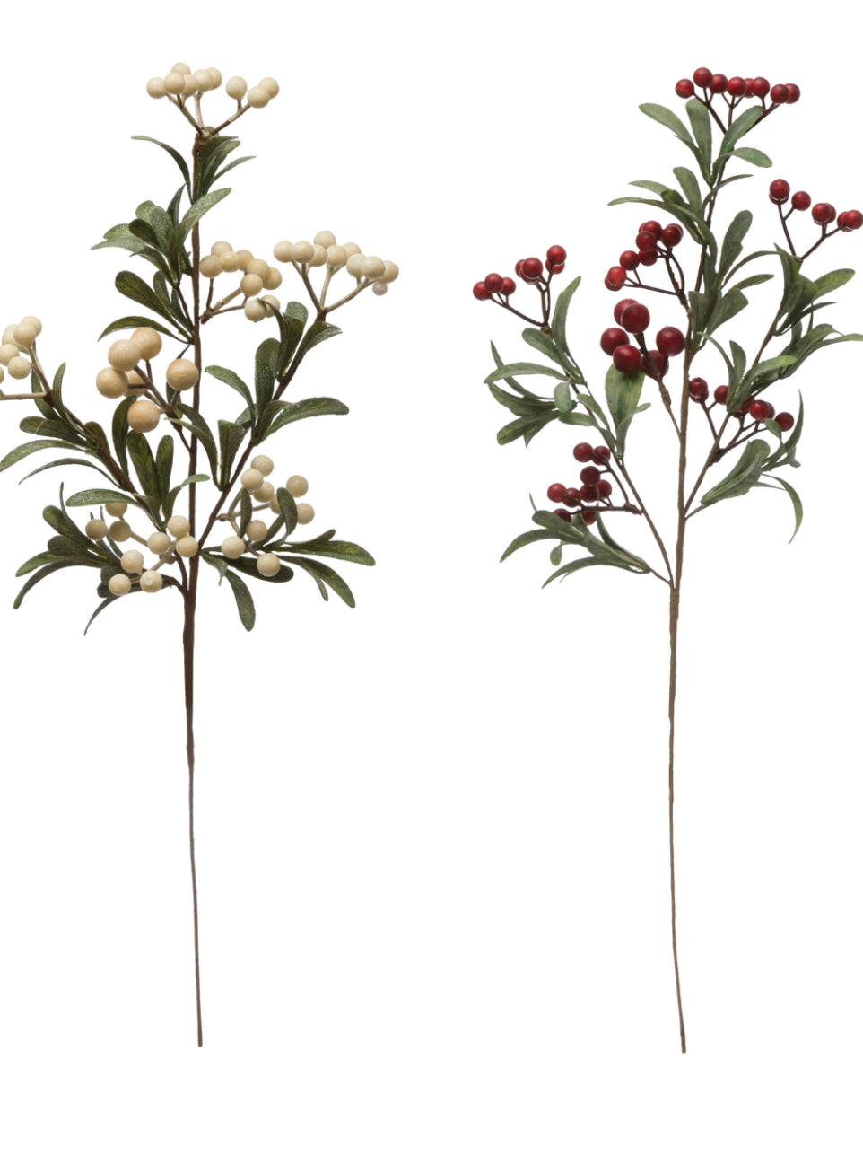 Faux berry and leaf branch with red holly and cream berry stems.