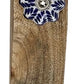 Mango wood block door stop with visible grain, blue and white floral ceramic knob, silver center, number 6 above. Size not shown.