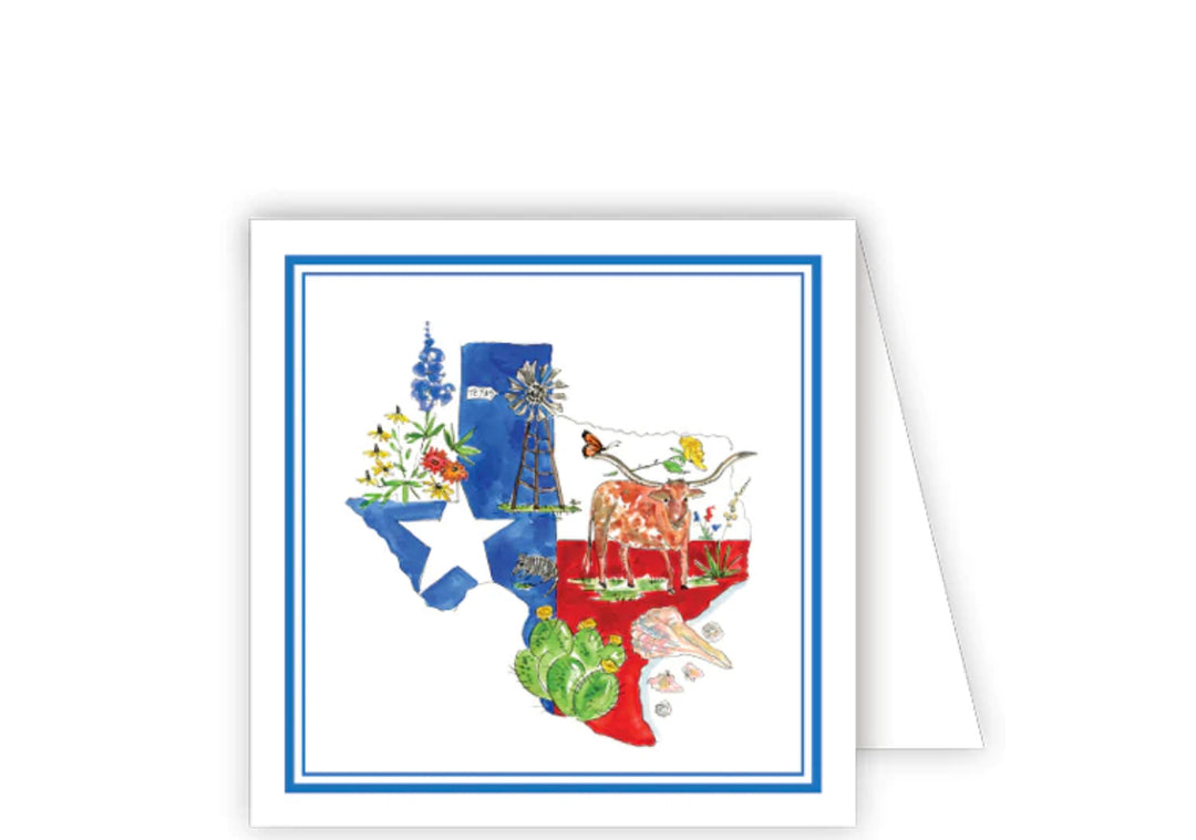 Texas-shaped hand-painted card with state icons, bluebonnets, and white star. Sizes: 4x6, 5x7 inches. Made in USA.