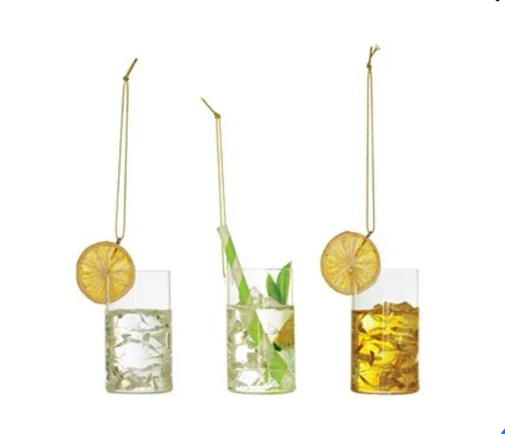 Highball Cocktail Ornament, 3 styles: three 4″ glass cocktail ornaments with ice, garnishes, and gold hanging cords.