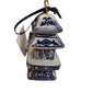 Miniature ceramic blue & white pagoda ornament with gold loop, dark blue ribbon, and tag. Available in small and medium sizes.