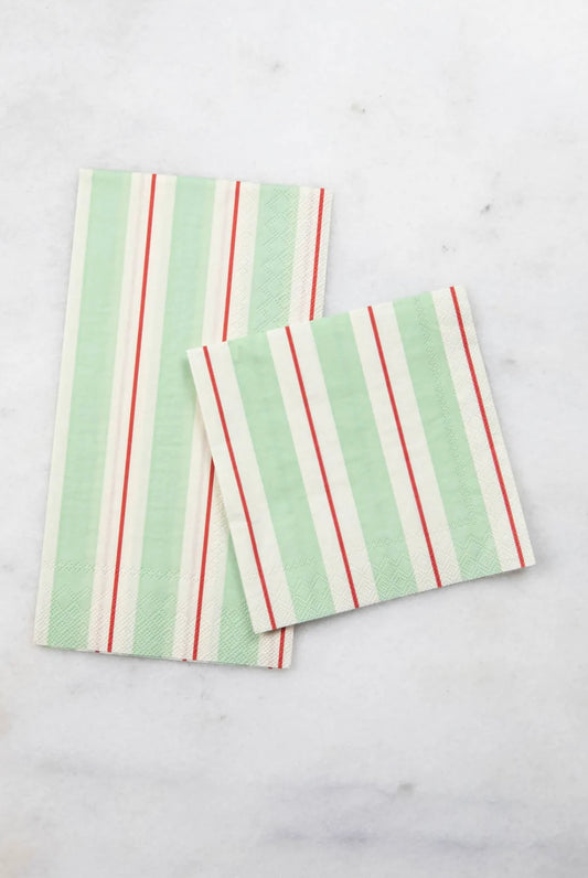 Seafoam and red striped guest napkins by Hester & Cook, set of 16; includes one rectangular and one square size.