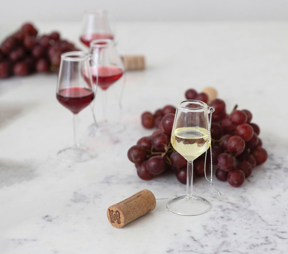 Wine Glass Ornament, 4 styles, clear glass ornament with hanging loop.