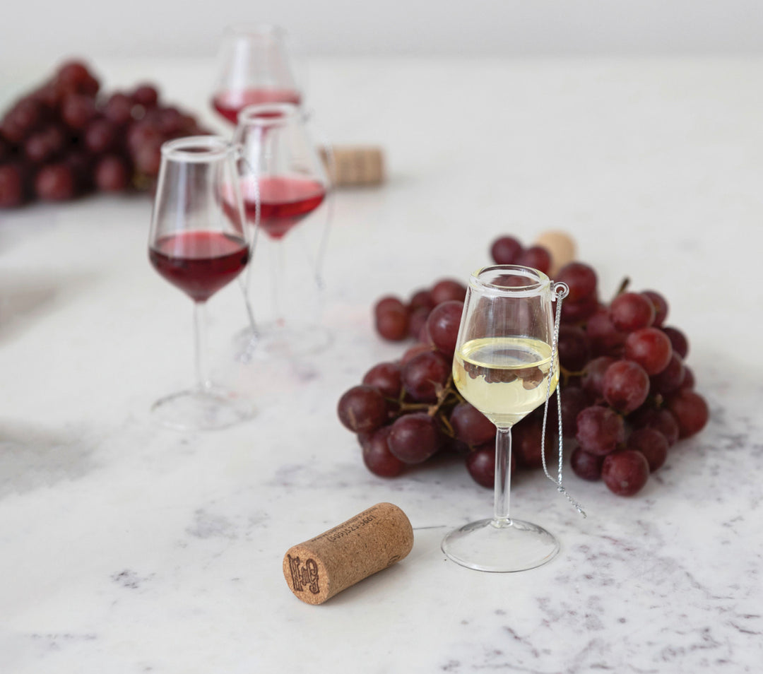 Wine Glass Ornament, 4 styles, clear glass ornament with hanging loop.