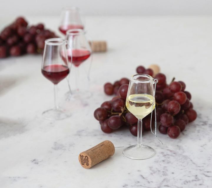 Wine Glass Ornament, 4 styles, clear glass ornament with hanging loop.