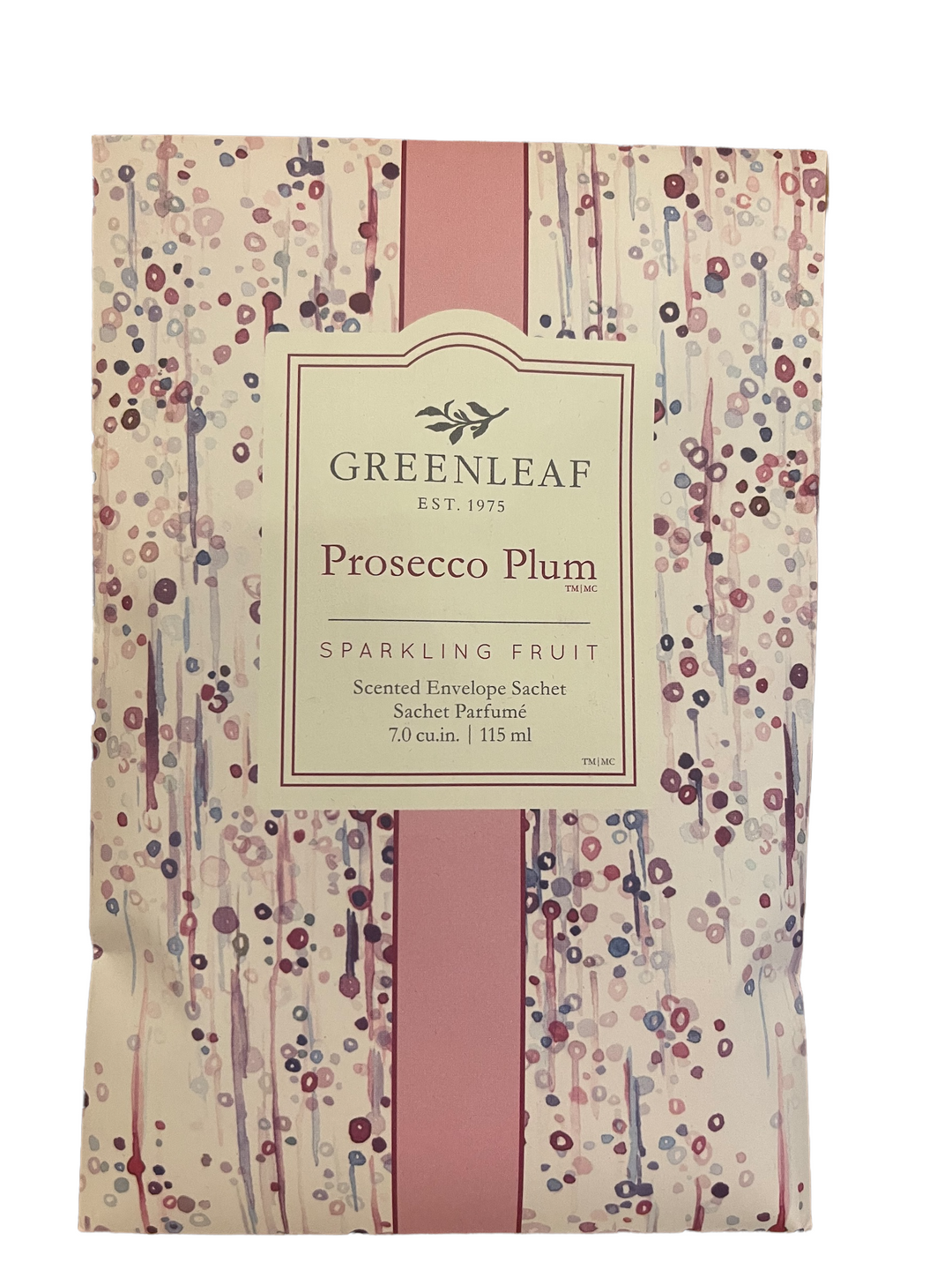 Prosecco Plum Sachet GLG900560 with pink and purple floral design, "Sparkling Fruit," "Est. 1975." Sizes: available.