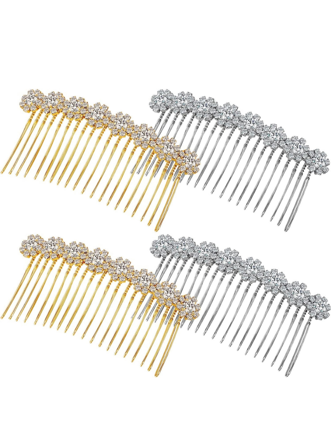Set of four crystal hair combs—two gold, two silver—with sparkling flower-shaped crystals. Available in small and large sizes.