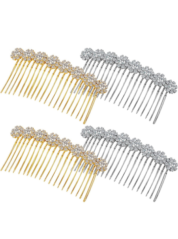 Set of four crystal hair combs—two gold, two silver—with sparkling flower-shaped crystals. Available in small and large sizes.