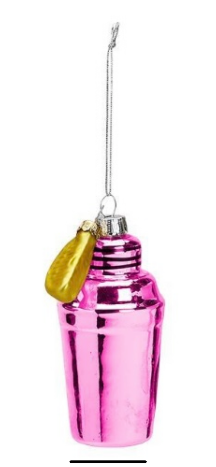 Shiny pink Cocktail Hour Ornament with glass charm and gold-colored charm.