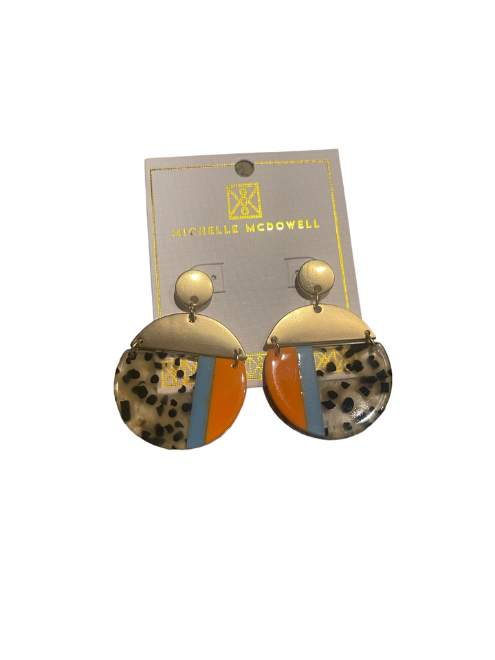 Michelle McDowell Earrings: round, gold-tone tops, multicolored resin bottoms in orange, blue, leopard print. Sizes: S/M/L.