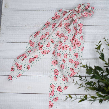 Striped Hair Scrunchie Scarf in pink, navy, light blue, and black. Available sizes: small, medium, large.