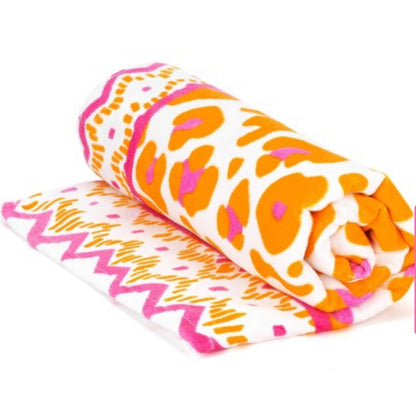 Rolled cotton beach towel with orange and pink animal print on white. Available in 60"x30" and 72"x40" sizes.