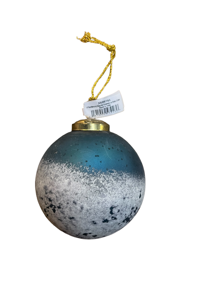 4-inch blue and white mercury glass ball ornament with ice finish, gold cap, and hanging cord.