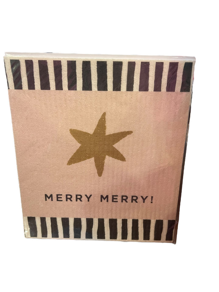 Christmas Tablesugar Collection organic dish cloth featuring black and white striped edges, a gold star, and “MERRY MERRY!” text.