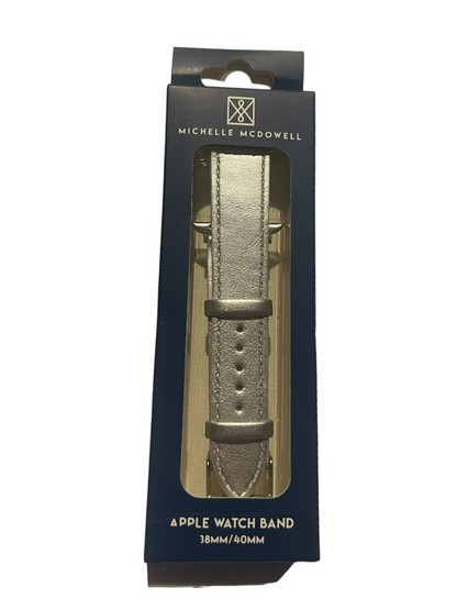 Silver Watch Band for Apple Watch, available in 38mm/40mm sizes, in navy blue box with clear window showing the band.