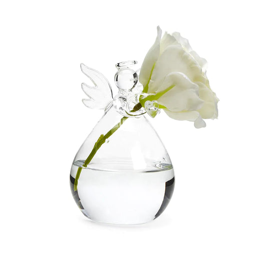 This product is a single, delicate white rose arranged in an Angel Bud Vase. The vase is filled with clear water. Only one size is available for this item.