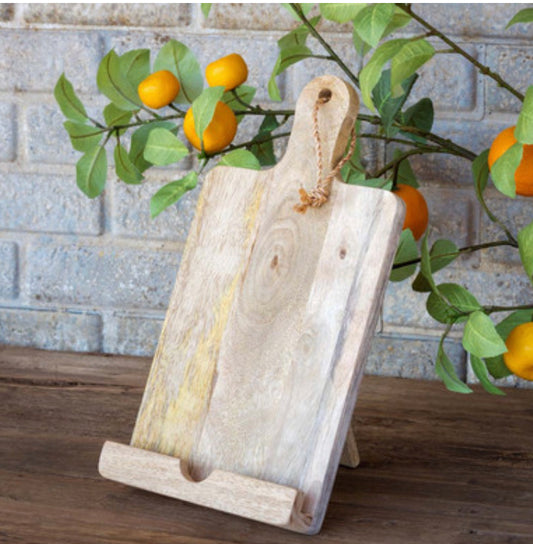 Vertical Cookbook Holder: light wood, cutting board shape, rope handle. Available in small and large sizes.
