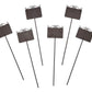Set of 6 rusted metal plant markers with rectangular signs and scrollwork tops. Sizes available: 8", 10", 12".