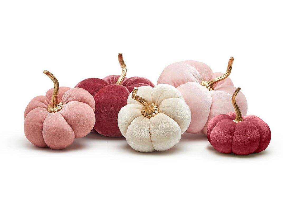 Five pink and white velvet pumpkins with gold stems. Available in various sizes.