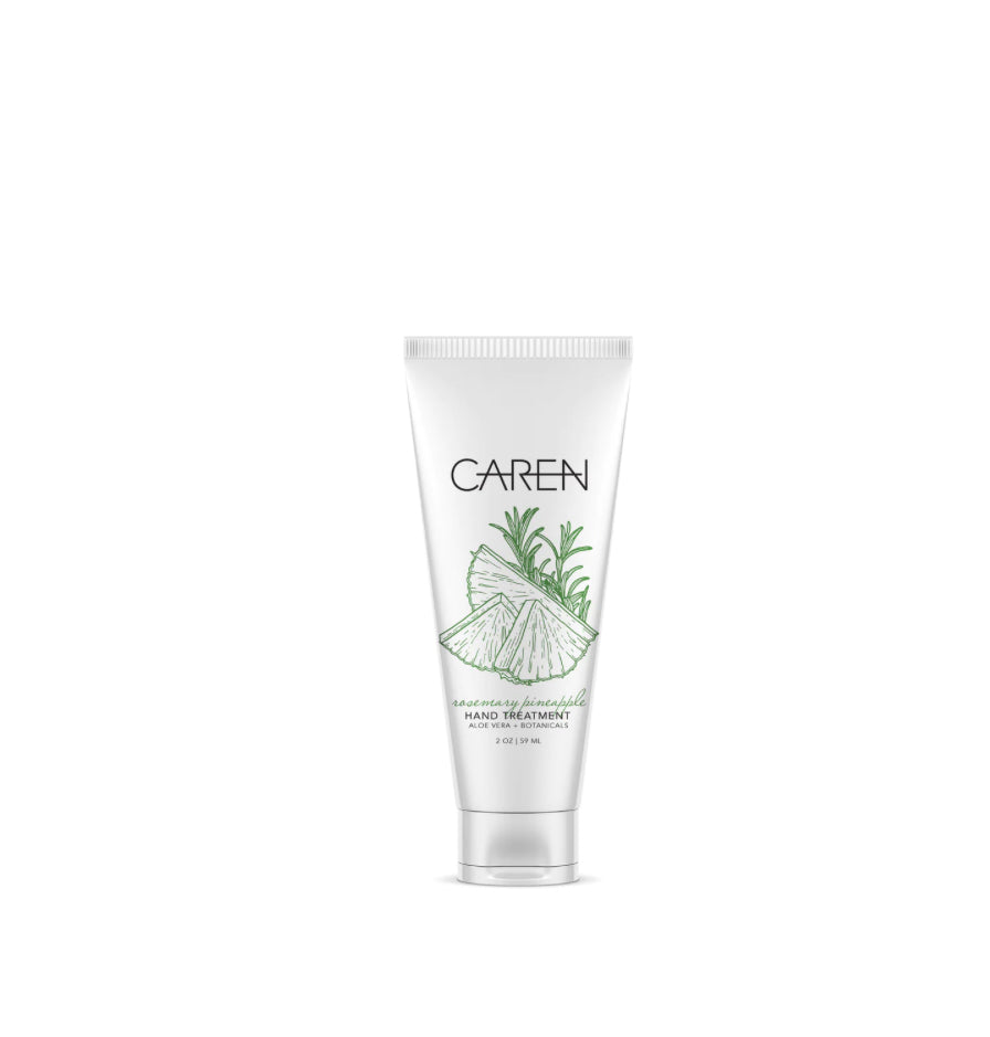 This is a Caren Hand Treatment tube, decorated with a botanical illustration, and labeled as 3.5 fl oz. It offers nourishing hand treatment in portable packaging.